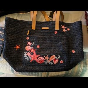 Vera Bradley Front Pocket Straw Blue Tote Sea Life